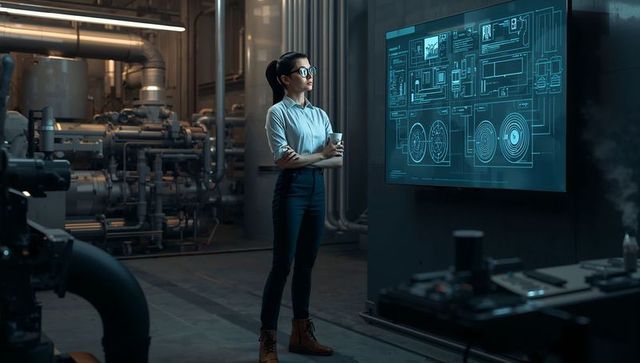 Female engineer inspecting industrial control display in mechanical plant room