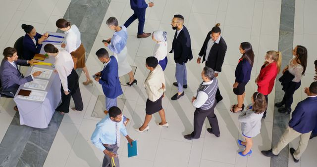High angle view of business people standing in line before checking in at the conference registration table 4k