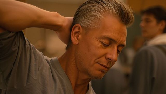 Contemplative senior man touching neck in warm dressing room mirror with soft amber glow