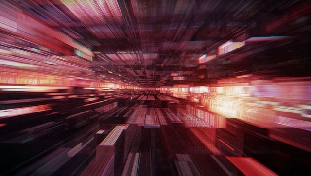 Futuristic Data Tunnel with Neon Grids and Glitch Effects