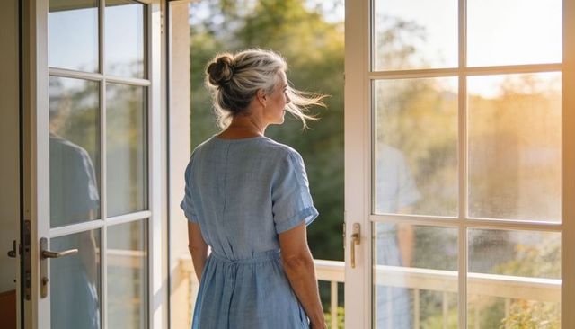Senior woman standing on balcony gazing through glass doors during golden hour light