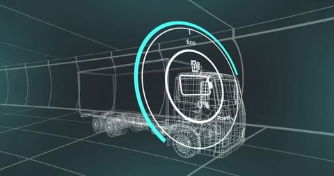 Futuristic semi-trailer truck in digital grid with eco power display