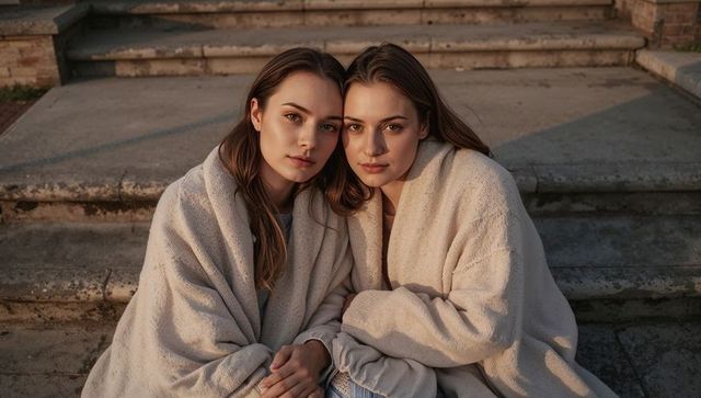 Two young women leaning close wrapped in matching beige knit blankets on weathered stone steps