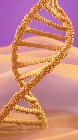 Orange DNA Helix Rising and Rotating Over Desert Dunes | Futuristic Genetics Vertical Video