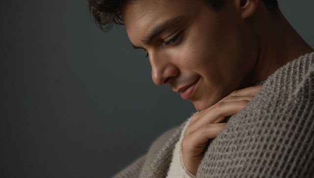 Serene young man embracing chunky knit shawl, closeup portrait with warm texture