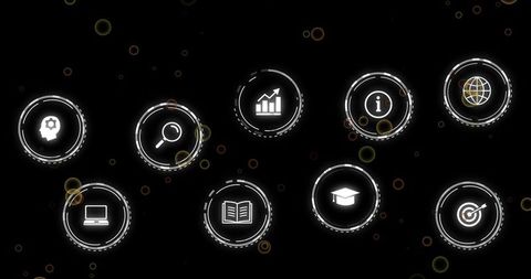 Neon digital interface showing nine glowing circular icons for search, analytics, target