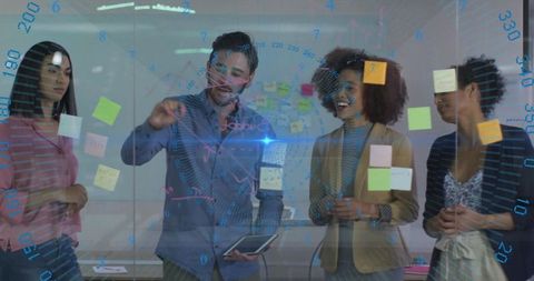 Diverse Team Collaborating on Innovative Ideas with Digital Overlay