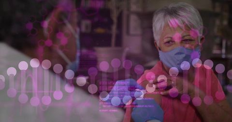 Senior woman receiving vaccine linked with biotechnology concept