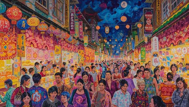 Vibrant night market bustling with colorful lanterns, banners and diverse crowds