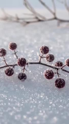 Sliding macro revealing frosted winter berries on branch in sparkling snow vertical video