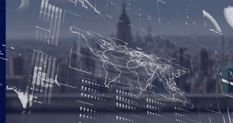 Futuristic Cityscape with Digital Interface and World Map