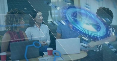 Diverse Team Collaborating with Laptops and Augmented Reality Overlays in Modern Workspace