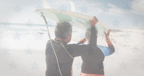 Senior Couple Beach Surf Duo Embracing Vibrant Moments