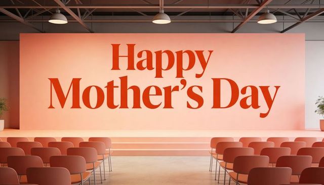 Happy mother's day stage backdrop on pastel peach event hall with tiered seating and lighting