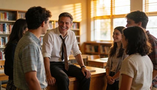 Smiling teacher engaging high school students in sunlit library discussion and mentoring