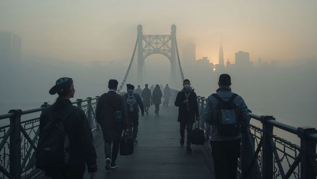 Foggy dawn commuters walking across suspension bridge toward city skyline at sunrise