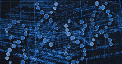 Glowing dna helix data visualization with blue nodes and grid code overlay