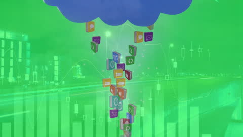 Digital Cloud Computing Icons Over Futuristic Cityscape