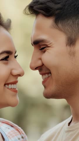 Young couple leaning in for kiss, smiling and connecting in warm outdoor romance vertical video