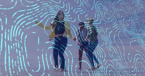 Friends Dancing Barefoot on Beach with Vibrant Patterns Overlay
