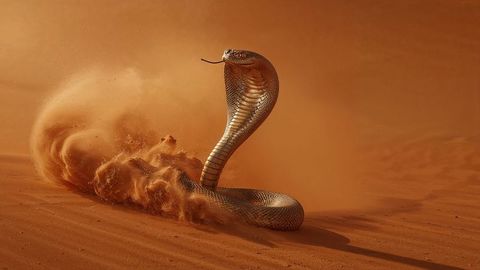 Hooded cobra coiling in desert with swirling sand