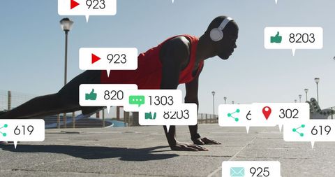 Athlete Doing Push-Ups with Social Media Notifications Overlay