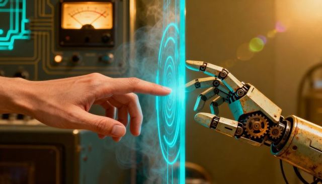 Human finger reaching robot hand through cyan holographic interface in vintage workshop