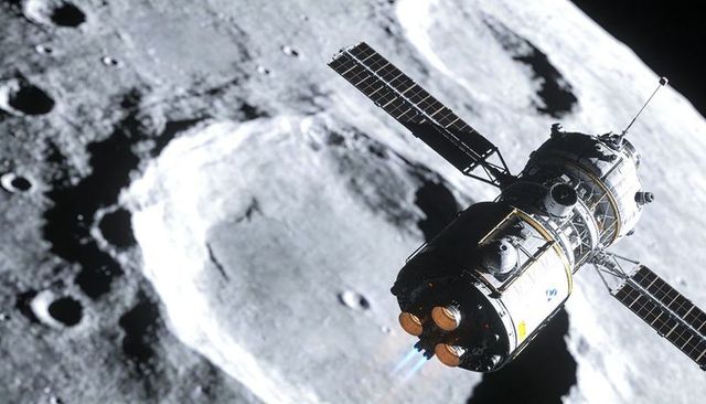 Orbiting Lunar Orbiter Firing Thrusters over Crater with Solar Arrays and Metallic Hull