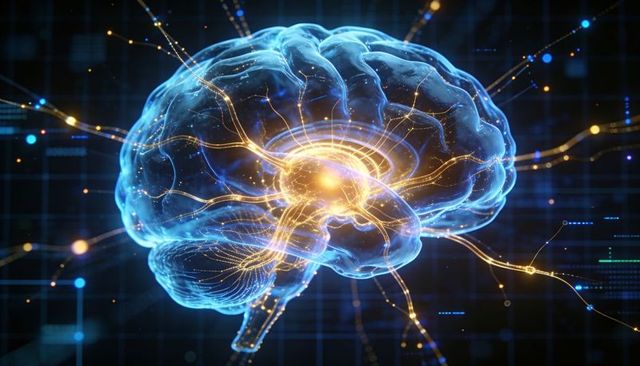 Holographic brain emitting golden neural pulses with central neural hub in virtual grid