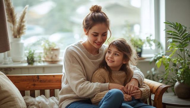 Cozy mother and daughter cuddling on wooden bench by sunlit window with lush indoor plants