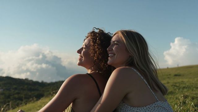 Two women smiling and embracing on sunlit grassy hillside during golden hour