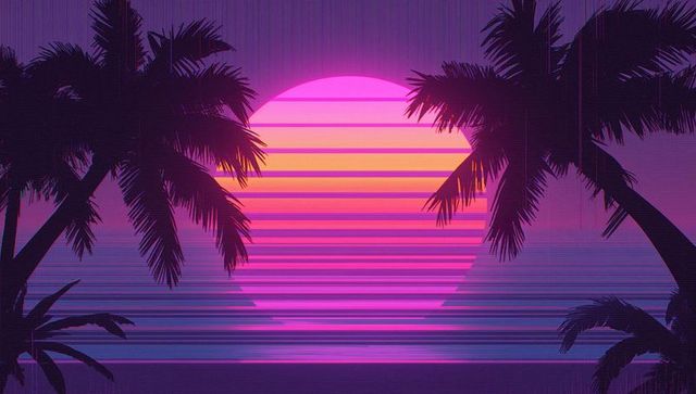 Neon Sunset with Palm Silouettes Reflected Over Beach