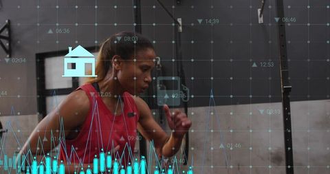 Mid-adult Woman Sprinting with Wearable Mic and Performance HUD Overlay for Biomechanics