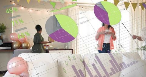 Friends chatting at home viewing ar analytics during small celebration with balloons