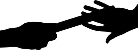 Athletes passing relay baton, gym transparency