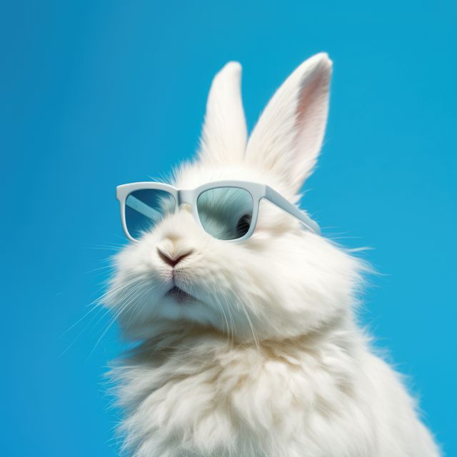 White rabbit poses in sunglasses set against a blue background. Ideal for advertisements, social media content, children's book illustrations, or marketing materials needing a touch of humor and cuteness.
