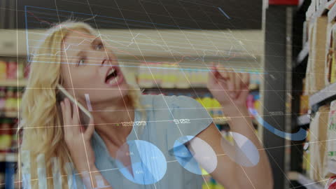 Digital Finance Graphs Overlay with Busy Shopping Woman