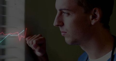 Pensive Doctor Analyzing Data with Digital Graph