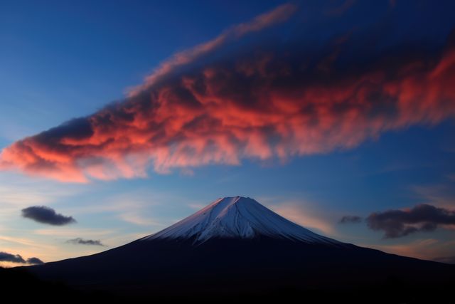 Beautiful sunrise view of Mount Fuji with snow-capped peak and dramatic red cloud formation in sky. Perfect for travel brochures, nature calendars, motivational posters, and desktop wallpapers.