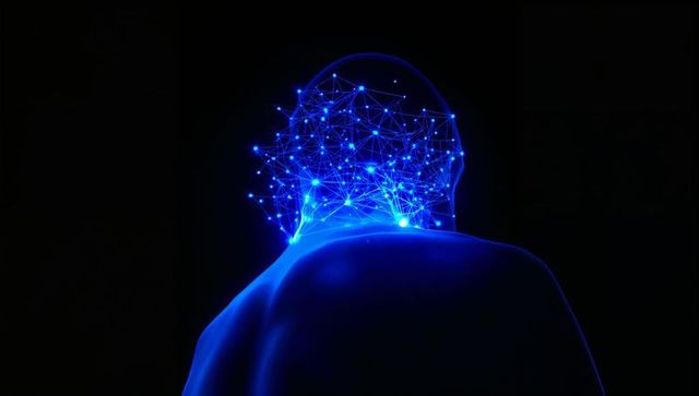 Glowing blue neural network overlaying back of human silhouette for ai neuroscience concept