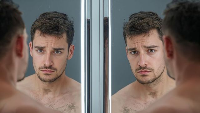 Young man studying face in bathroom mirror with double reflection and led divider