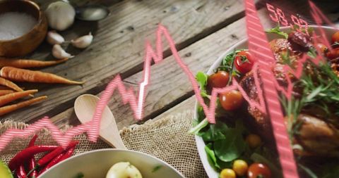 Displaying roasted chicken bowl with rustic vegetables and neon financial graph overlay