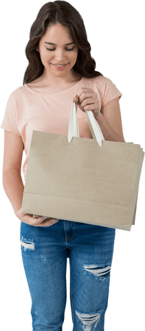 Woman Holding Paper Shopping Bag on Transparent Background