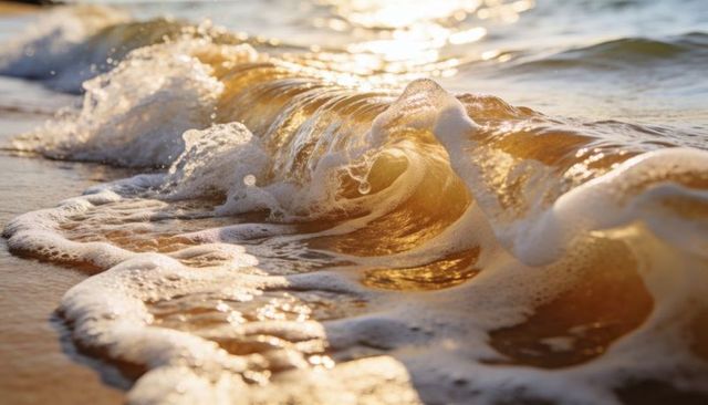 Golden backlit ocean wave curling over wet sand at sunset