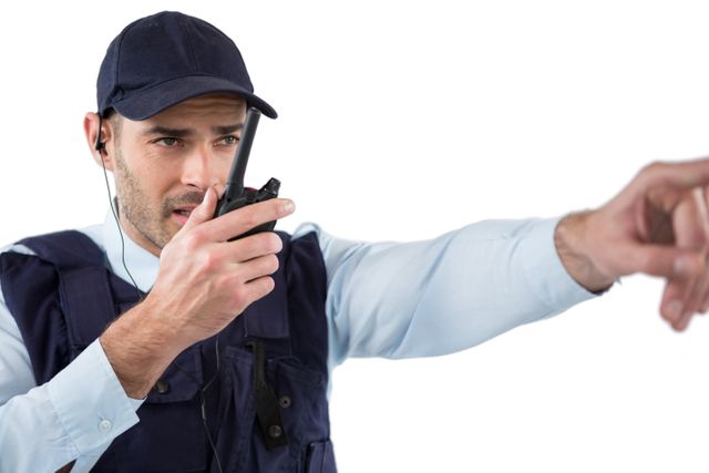 Security officer wearing uniform using walkie-talkie while pointing indicates active communication and vigilance. Ideal for use in articles related to safety, security services, emergency response, and professional training. Suitable for illustrating concepts of security, protection, teamwork, and readiness.