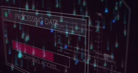 Glass UI Panels Encrypting Data with Cyan Binary Streams and Neon Red Access Bar