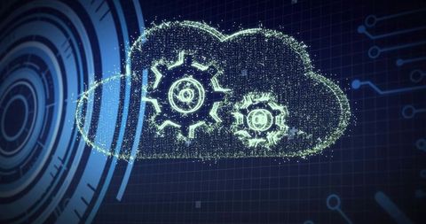Holographic cloud gears visualization showing network automation, data flow, futuristic ui