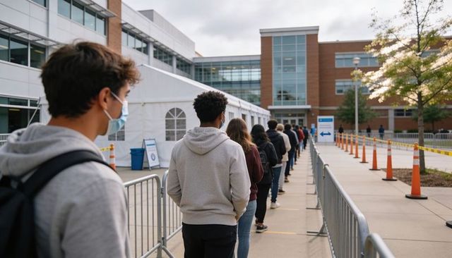 Students waiting in socially distanced line outside campus testing tent during autumn
