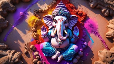 Vibrant lord ganesha statue amidst colorful powder and sand