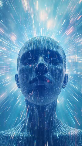 Pulsing digital humanoid head streaming data in glowing blue cyberspace | Vertical video